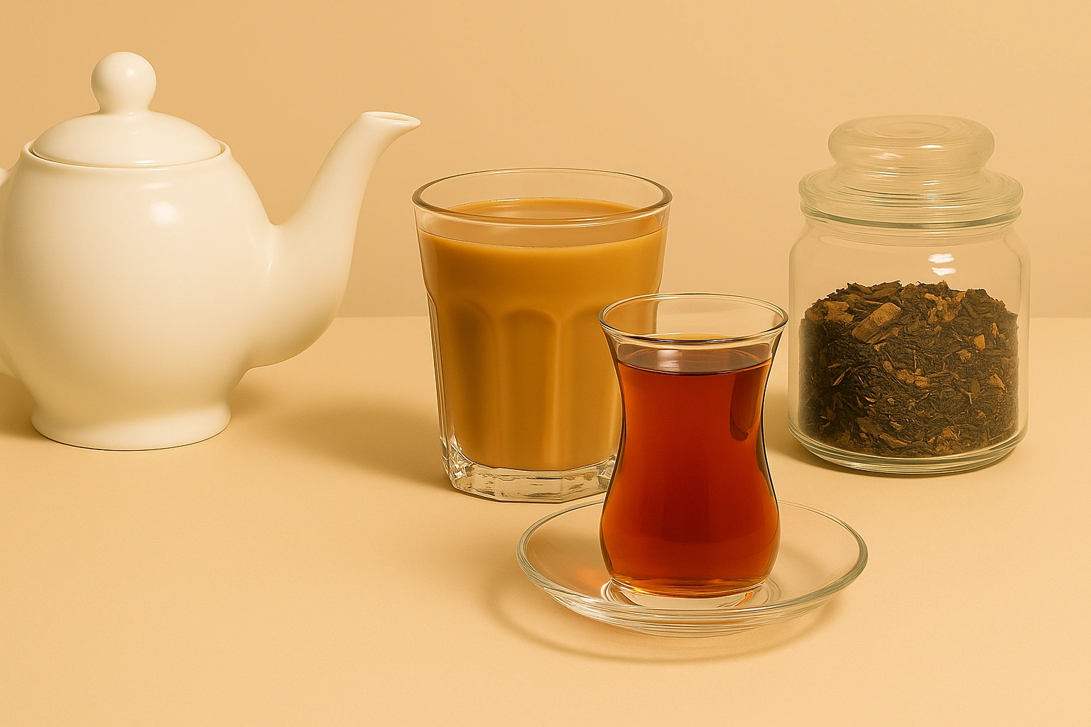 Türkischer Cay, Loser Chai und Milch-Chai auf einem Tisch - Hintergrund